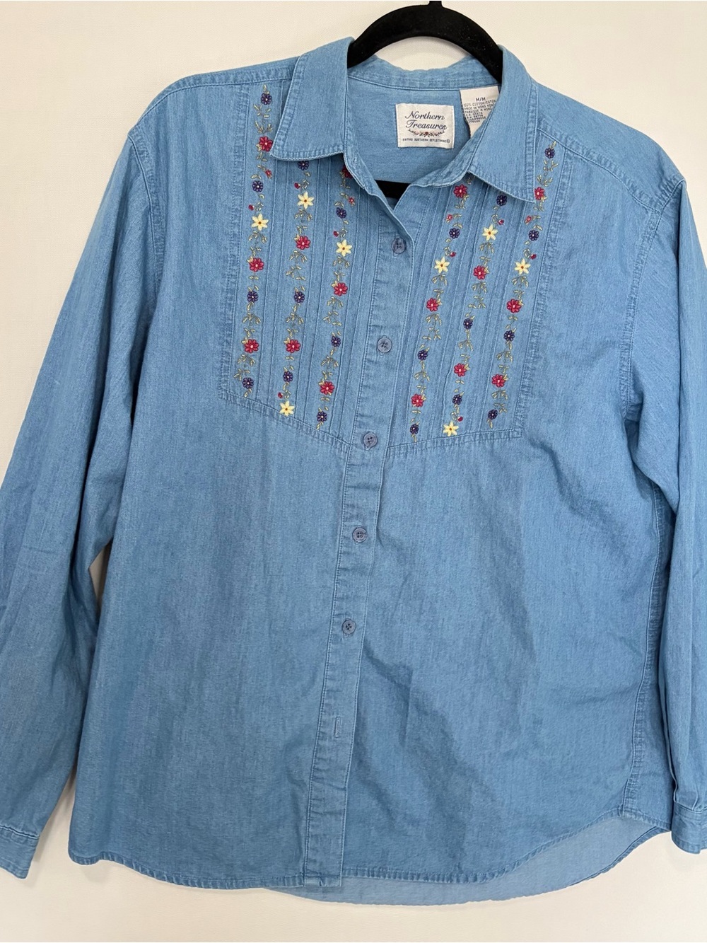 VTG Floral Embroidered Denim Chambray Button Down Shirt Womens M Cottage 90s
